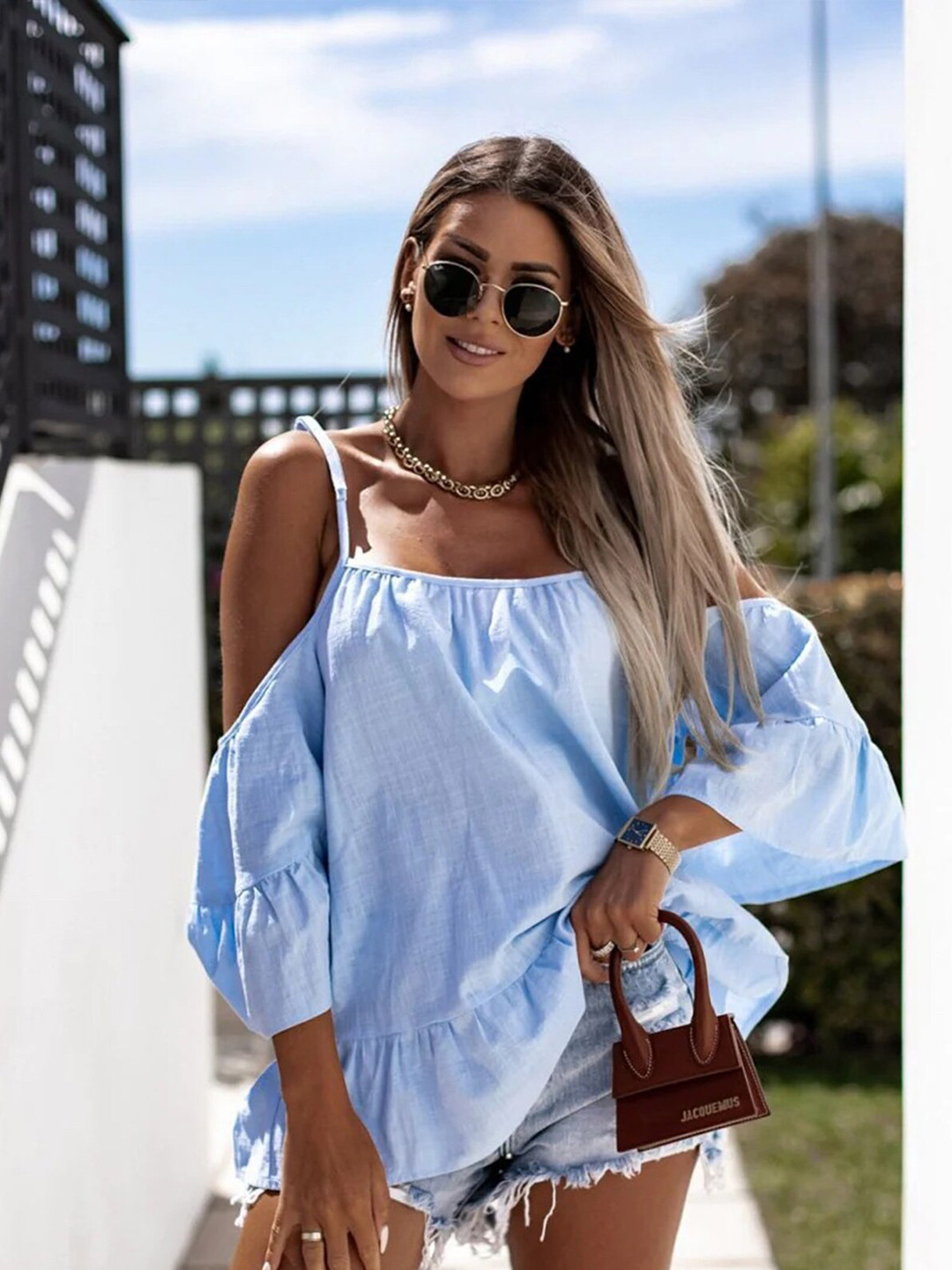 LULU & SKY Blue Square Neck A-Line Top