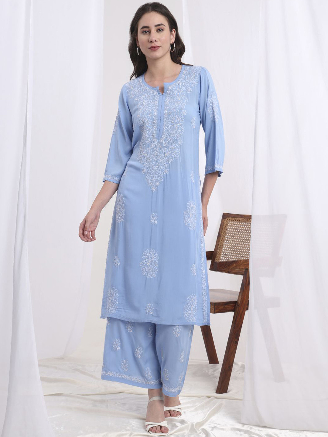 SUFIZA LIFESTYLE Chinkankari Embroidered Pure Cotton Top With Trousers Co-Ords