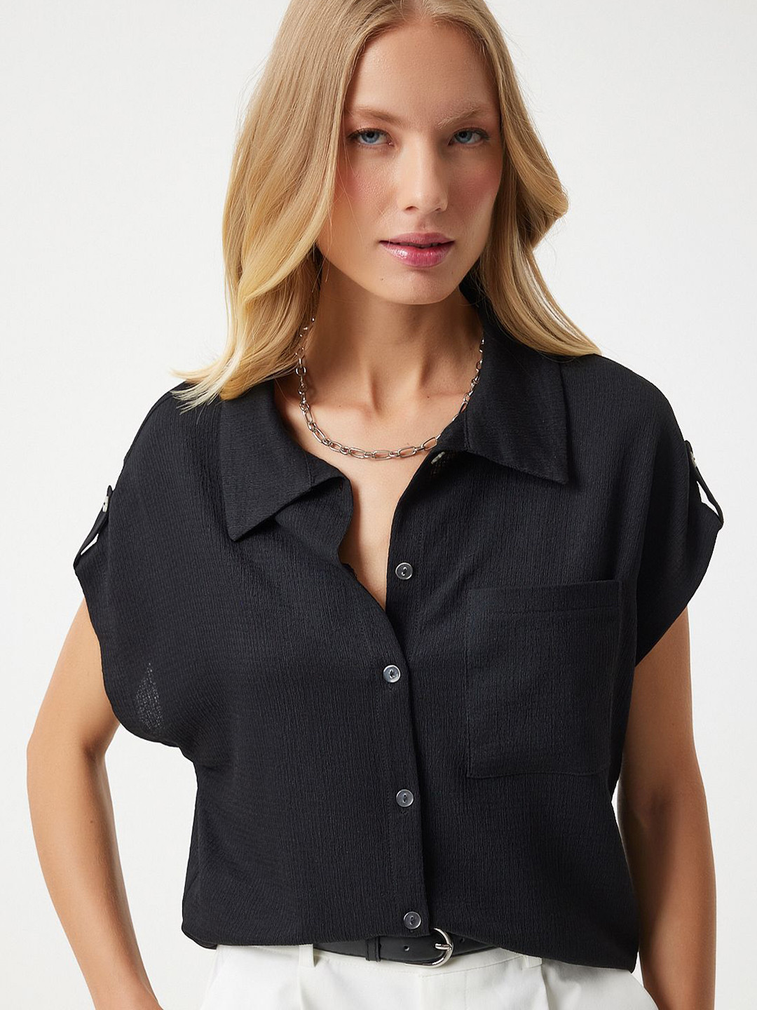 Happiness istanbul Spread Collar Roll-Up Sleeves Casual Shirt