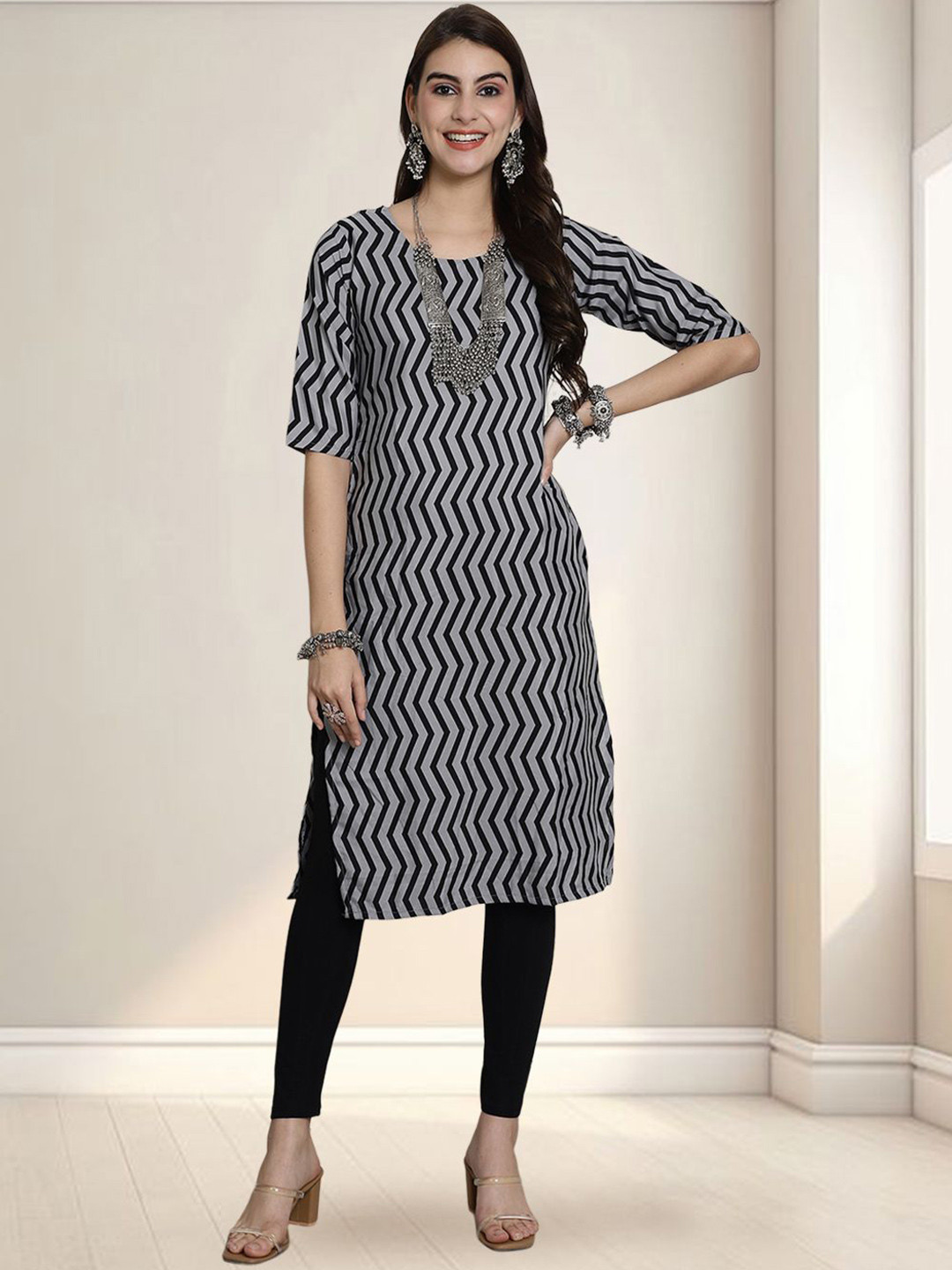 Anouk Rustic Chevron Printed Round Neck Straight Kurta