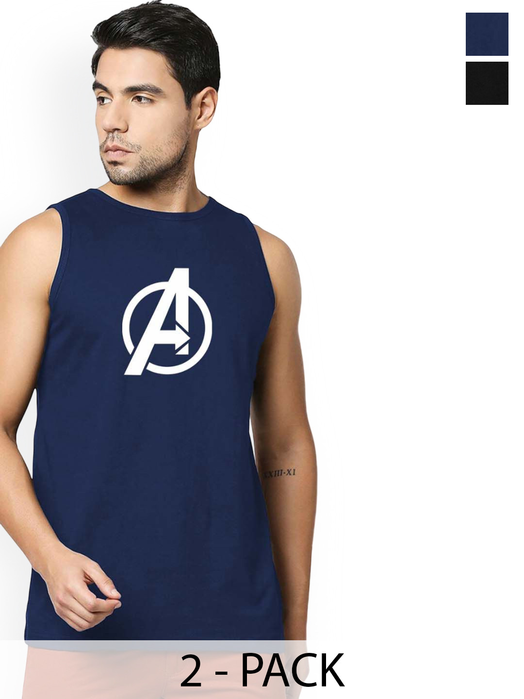 Organic Chics Pack Of 2 Printed Cotton Tank Vests Navy Avenger - Black Groot_S