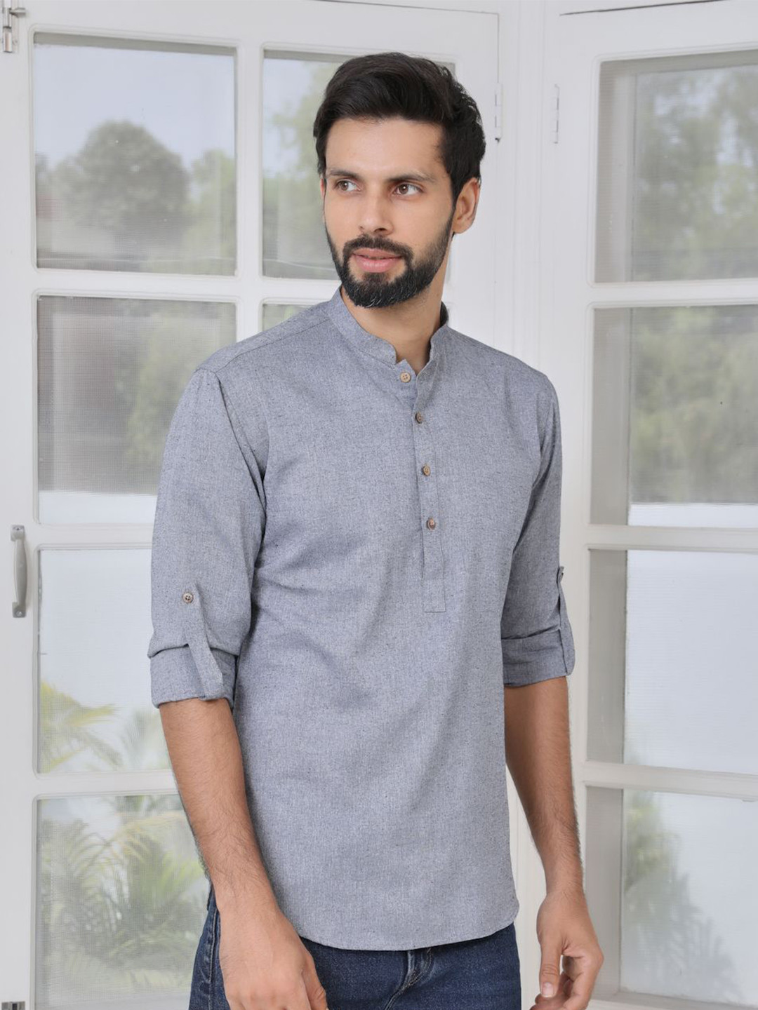 See Designs Pure Cotton Mandarin Collar Thread Work Short Kurta