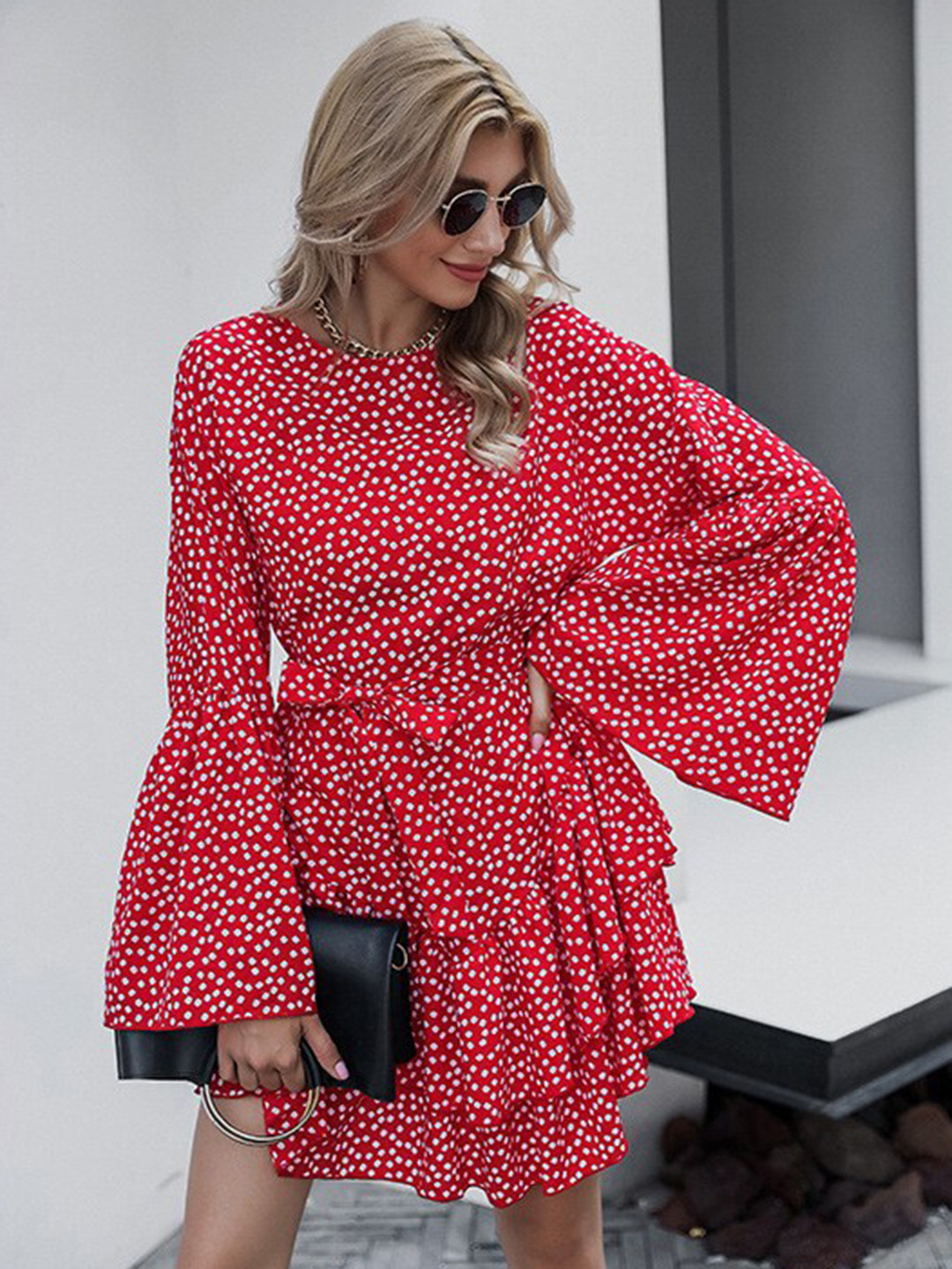 StyleCast Red Polka Dot Print Bell Sleeve Layered Dress
