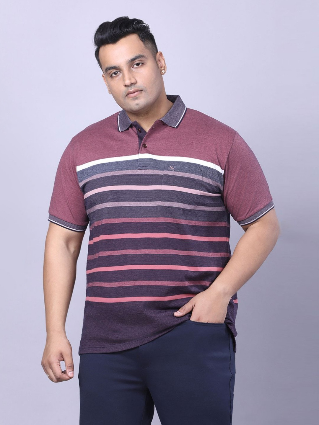 Xmex Striped Cotton Polo Collar Short Sleeves T-shirt