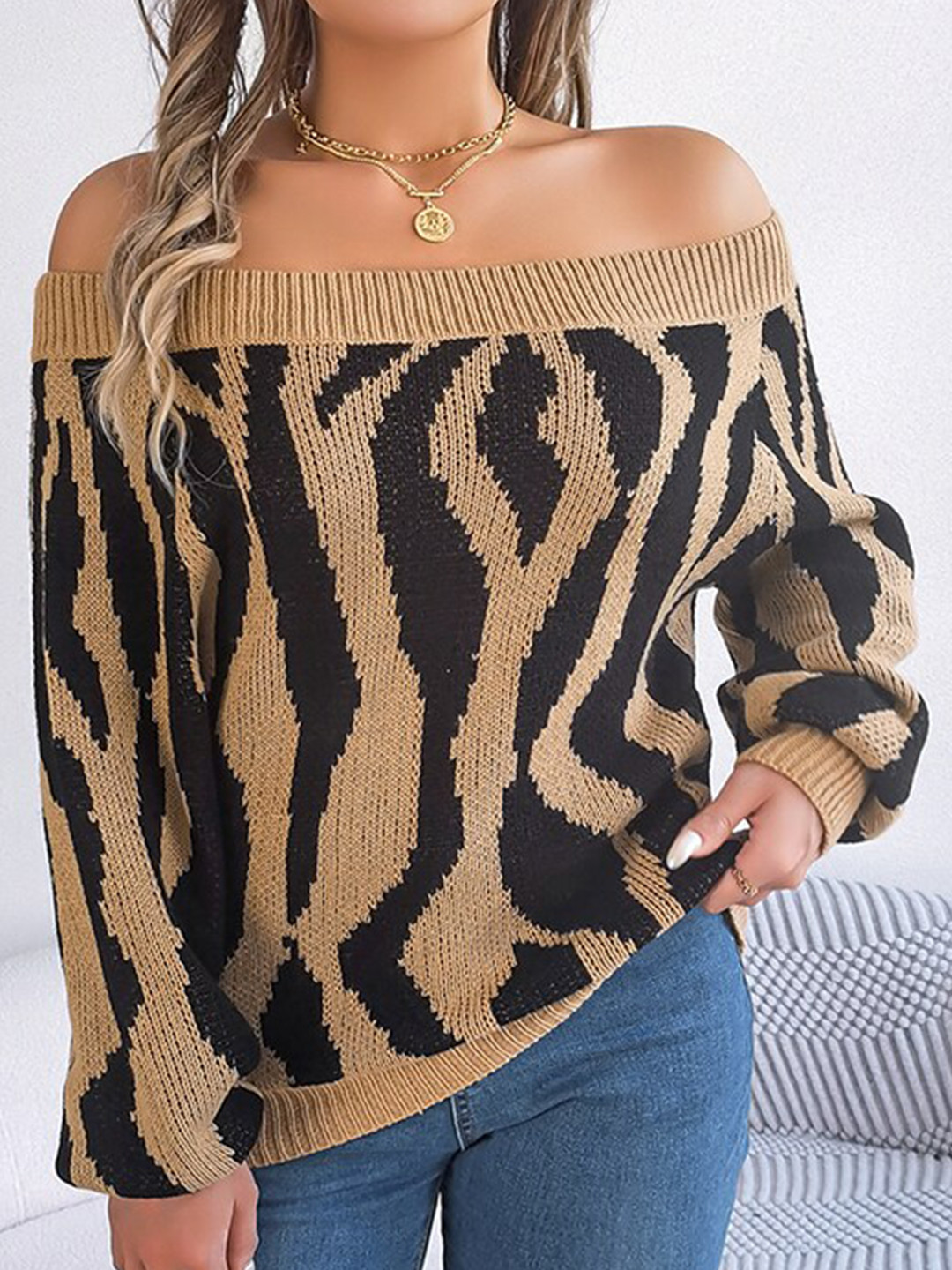 StyleCast Khaki & Black Animal Printed Off-Shoulder Acrylic Pullover Sweater
