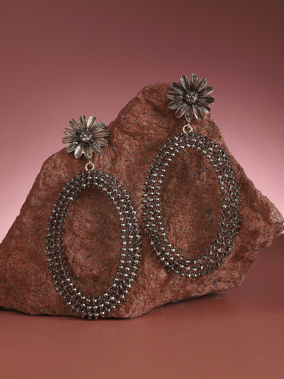 DressBerry Gold-Plated Artificial Stones Studded Contemporary Maxi Daisy Drop Earrings