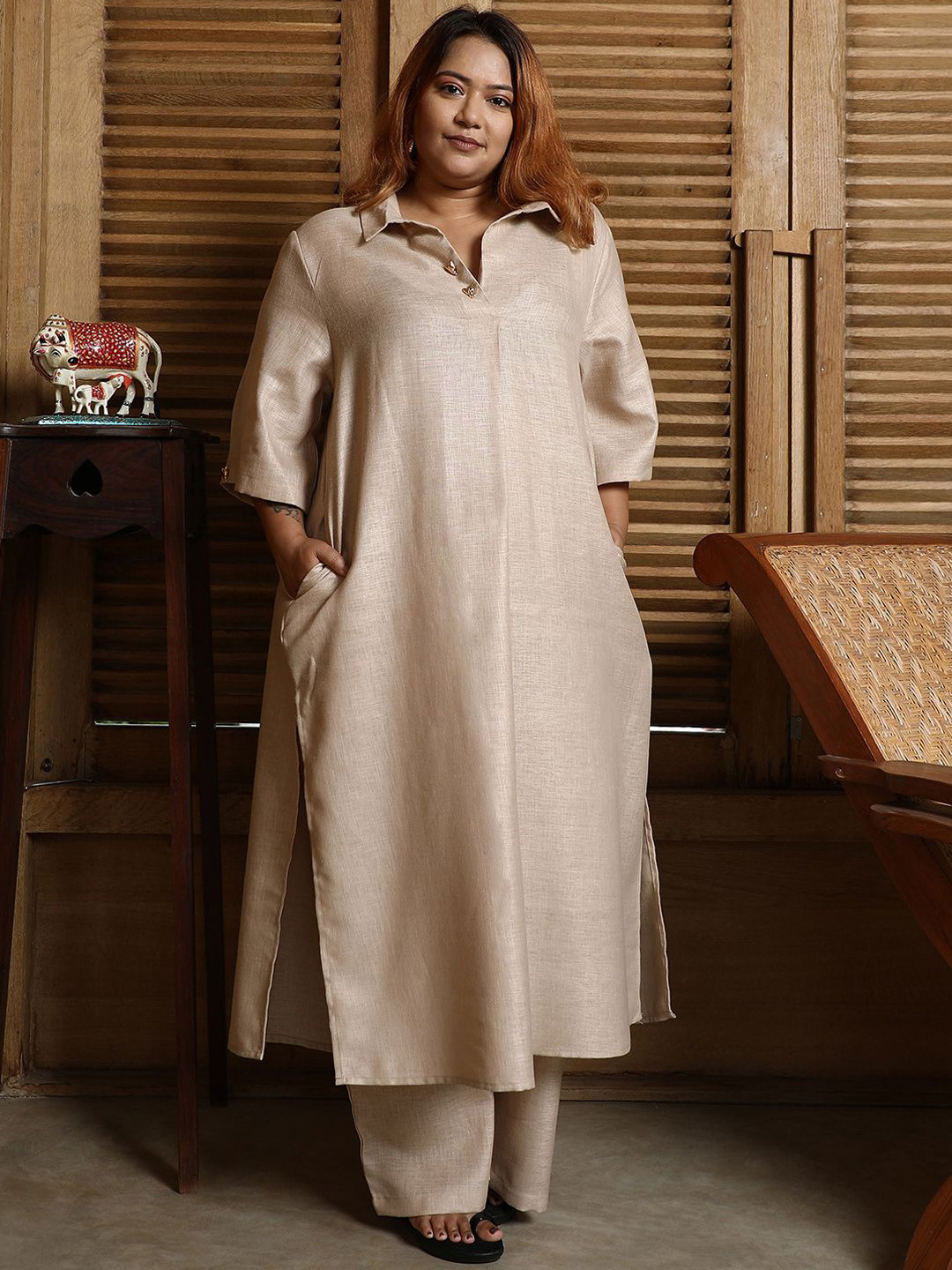 Instafab Plus Linen Straight Kurta With Trouser