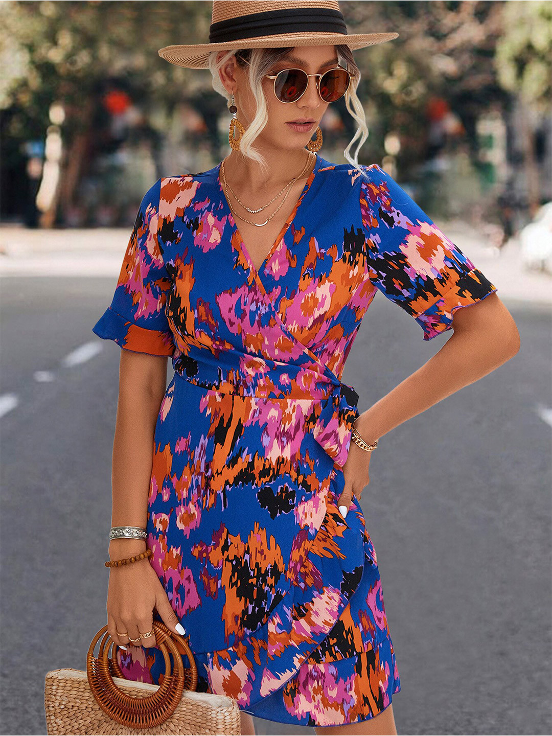 StyleCast Blue Abstract Print V-Neck Wrap Dress