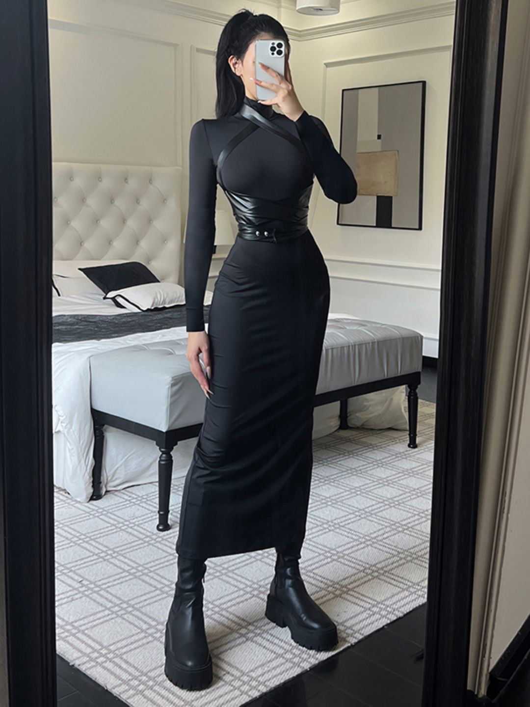 KPOP Bodycon Black High Neck Solid Long Sleeves Maxi Polyester Dress