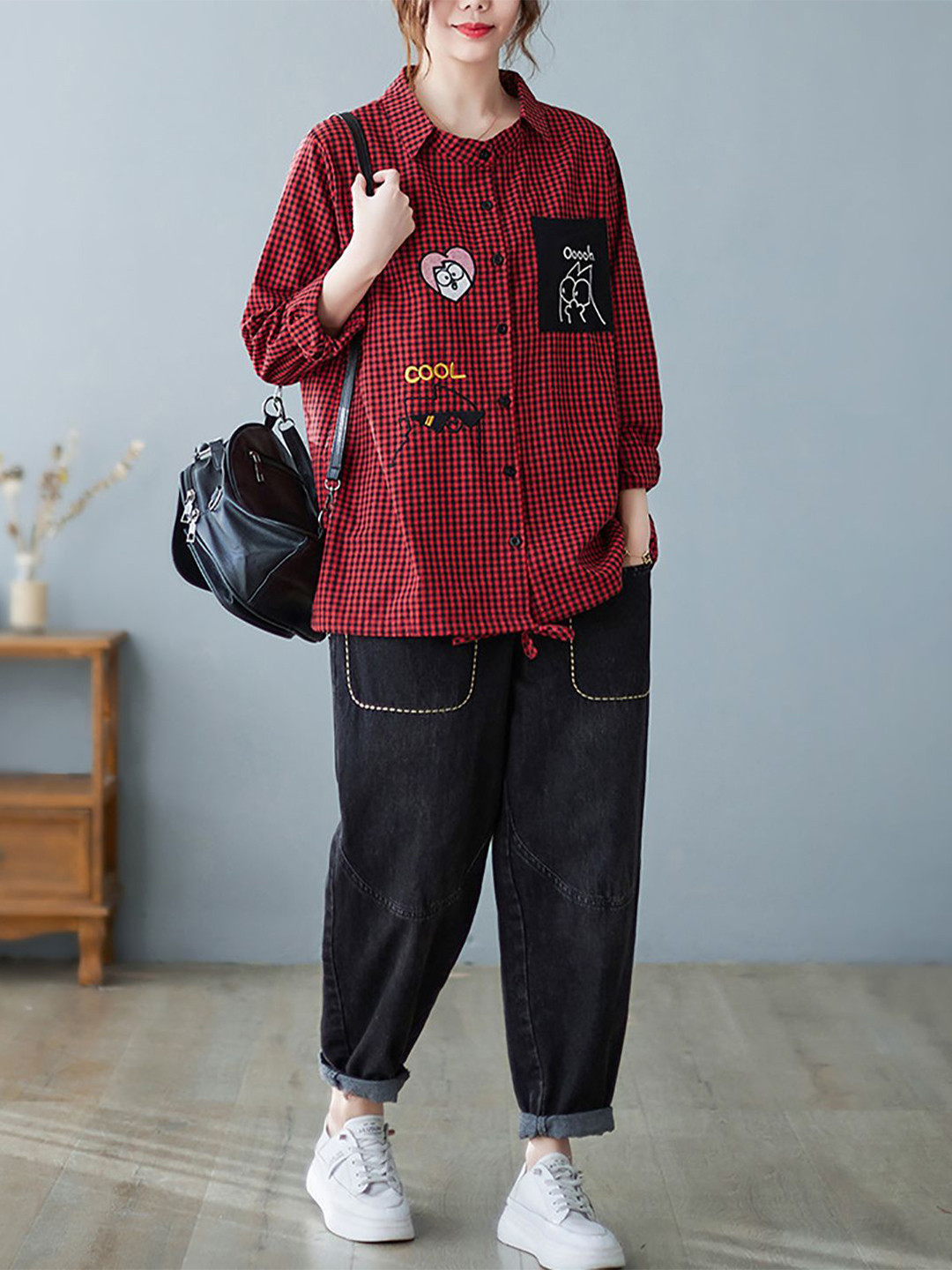 StyleCast x Revolte Women Red Micro Checked Regular Fit Shirt