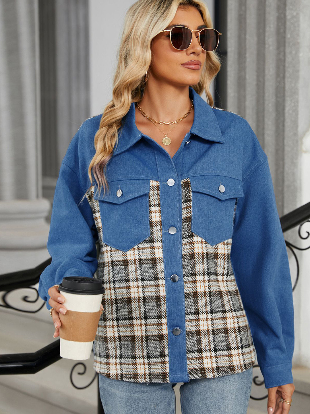 StyleCast Women Checked Denim Jacket with Patchwork