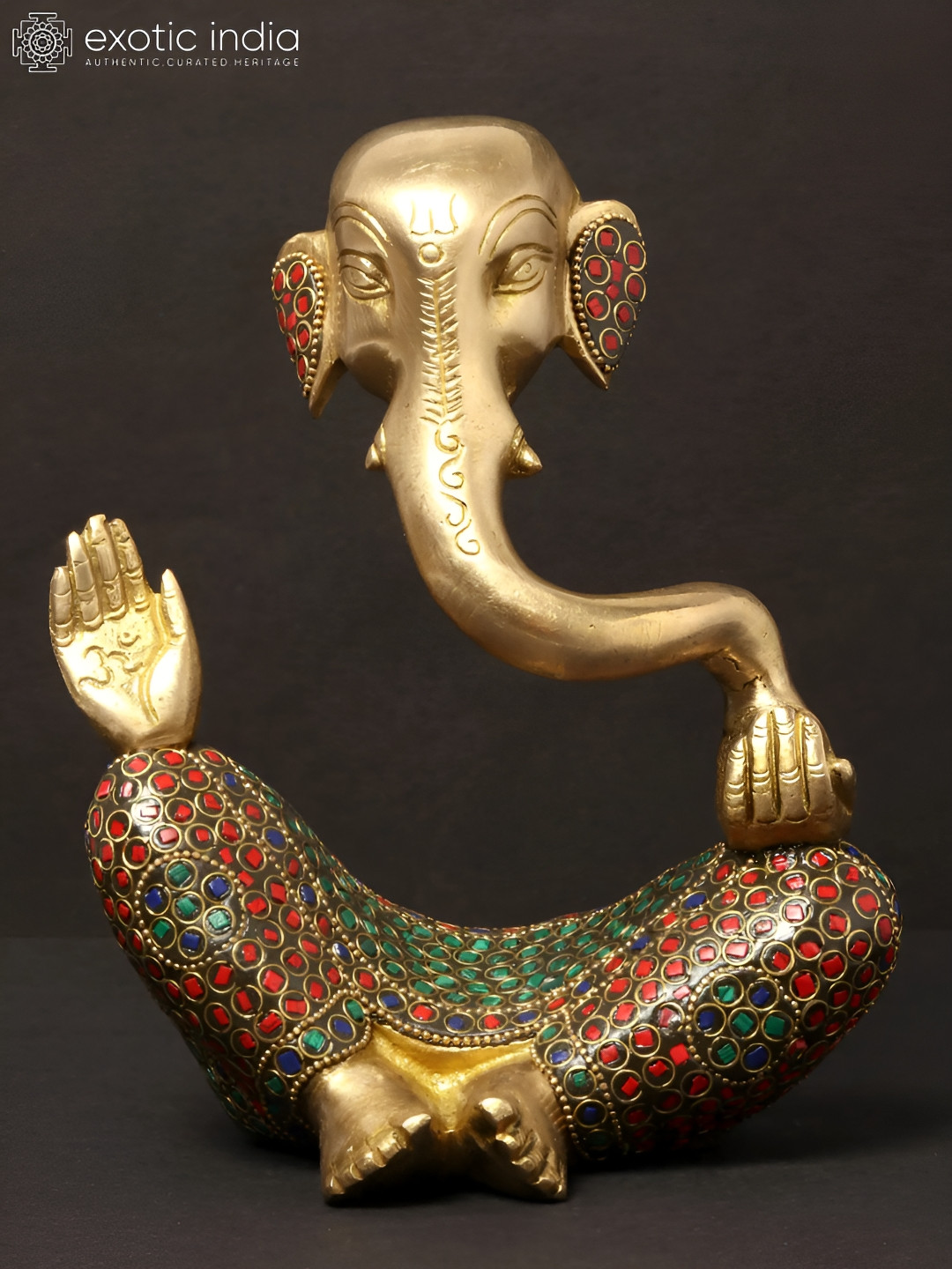 Exotic India Stylised Ganesha with inlay Work Gold Brass Metallic Prayer Room Small Showpiece - 7.5 Inches
