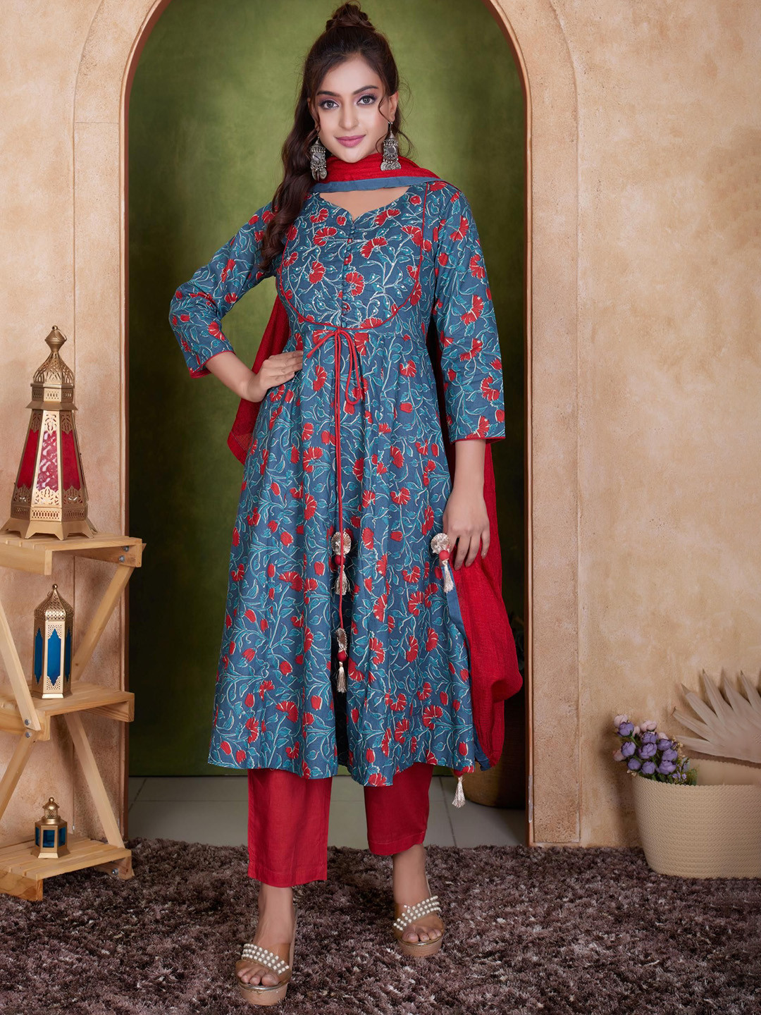 BulBul Floral Printed Panelled Pure Cotton Anarkali Kurta With Palazzo & Dupatta