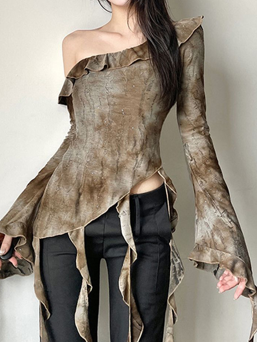 LULU & SKY Women Tie and Dye Ruffle One Shoulder Bell Sleeve Top