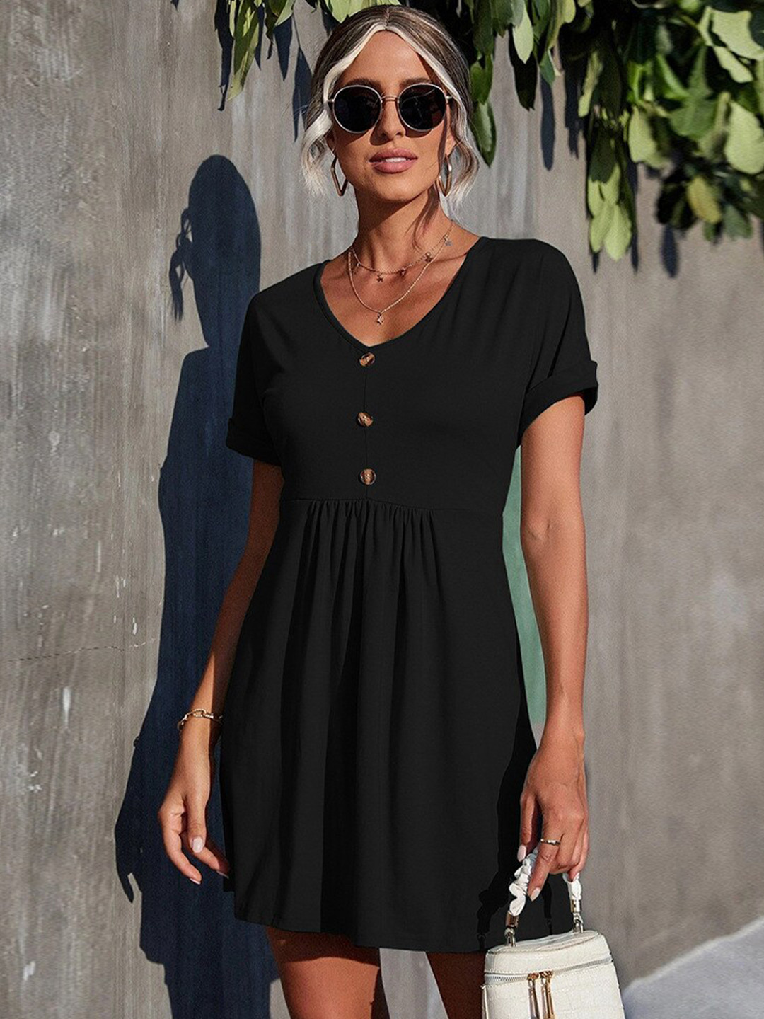 StyleCast Women Black Peplum Gathered Short Sleeves Dress