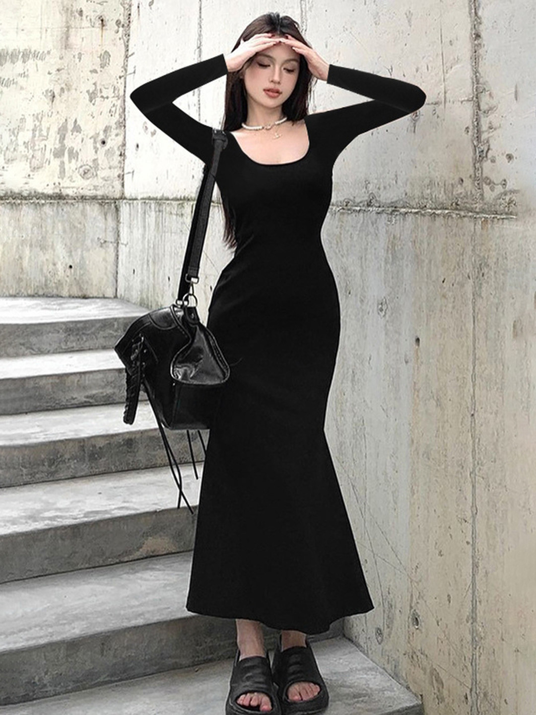 LULU & SKY Solid Long Sleeve Maxi Dress