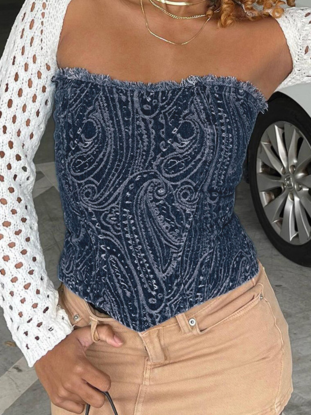 LULU & SKY Strapless Ethnic Motifs Denim Crop Top