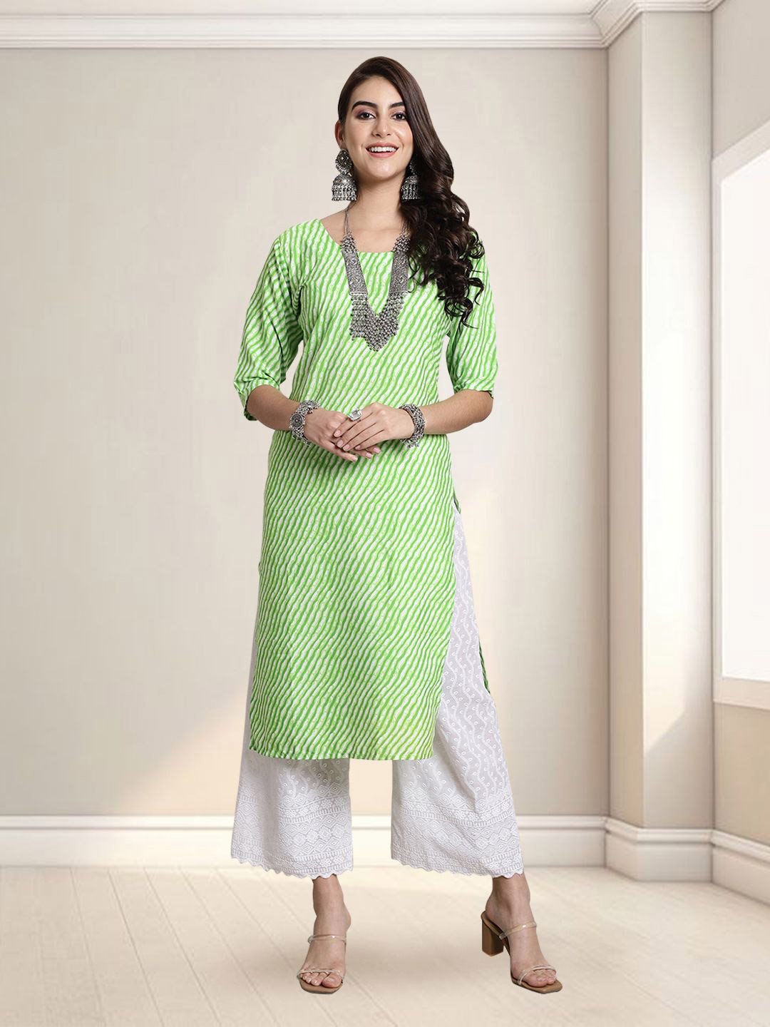 Anouk Rustic Leheriya Printed Round Neck Straight Kurta
