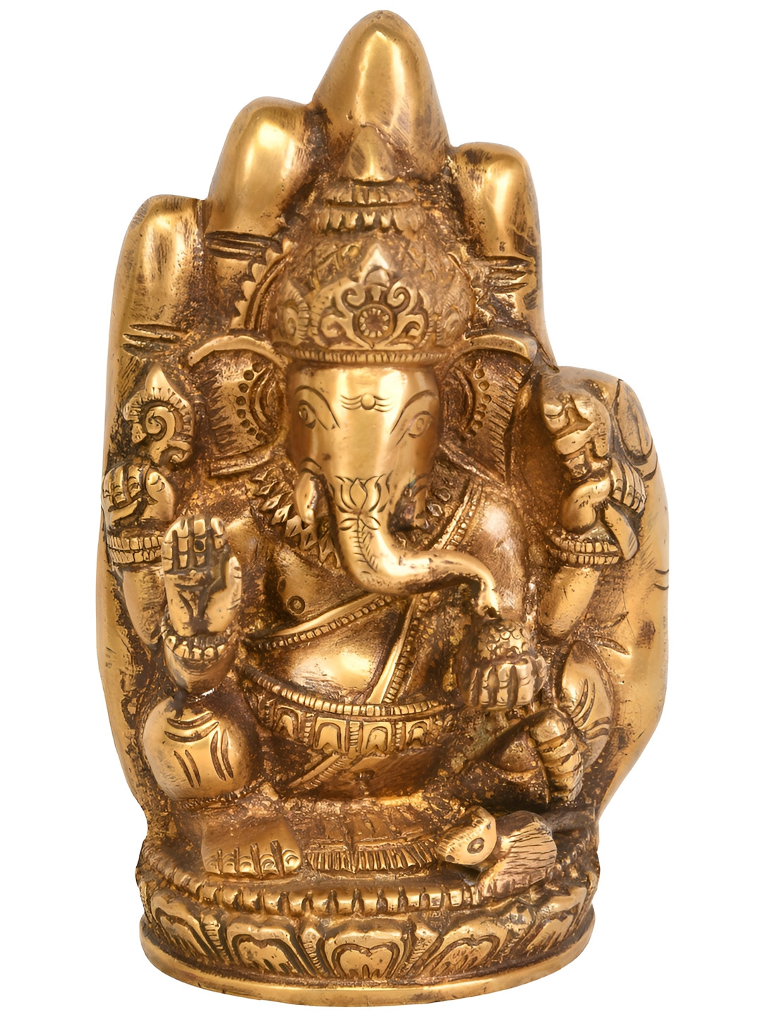 Exotic India Lord Ganesha in Blessing Gold Brass Metallic Prayer Room Hand Made Medium Showpiece - 6 Inches