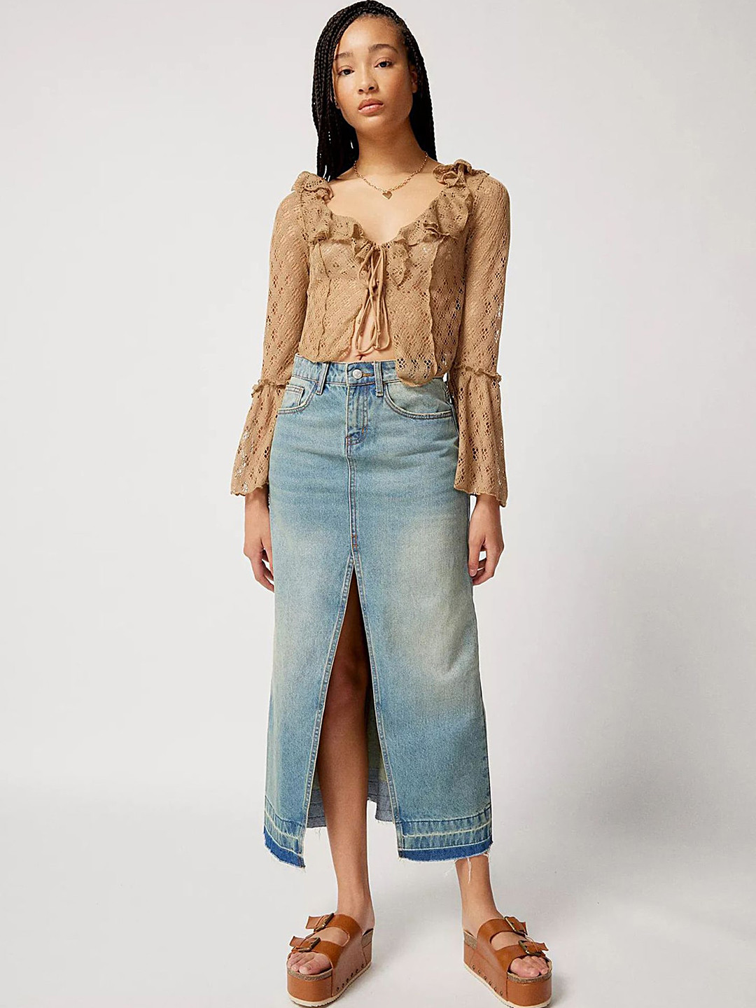 LULU & SKY Washed Denim Low-Rise A-Line Midi Skirt