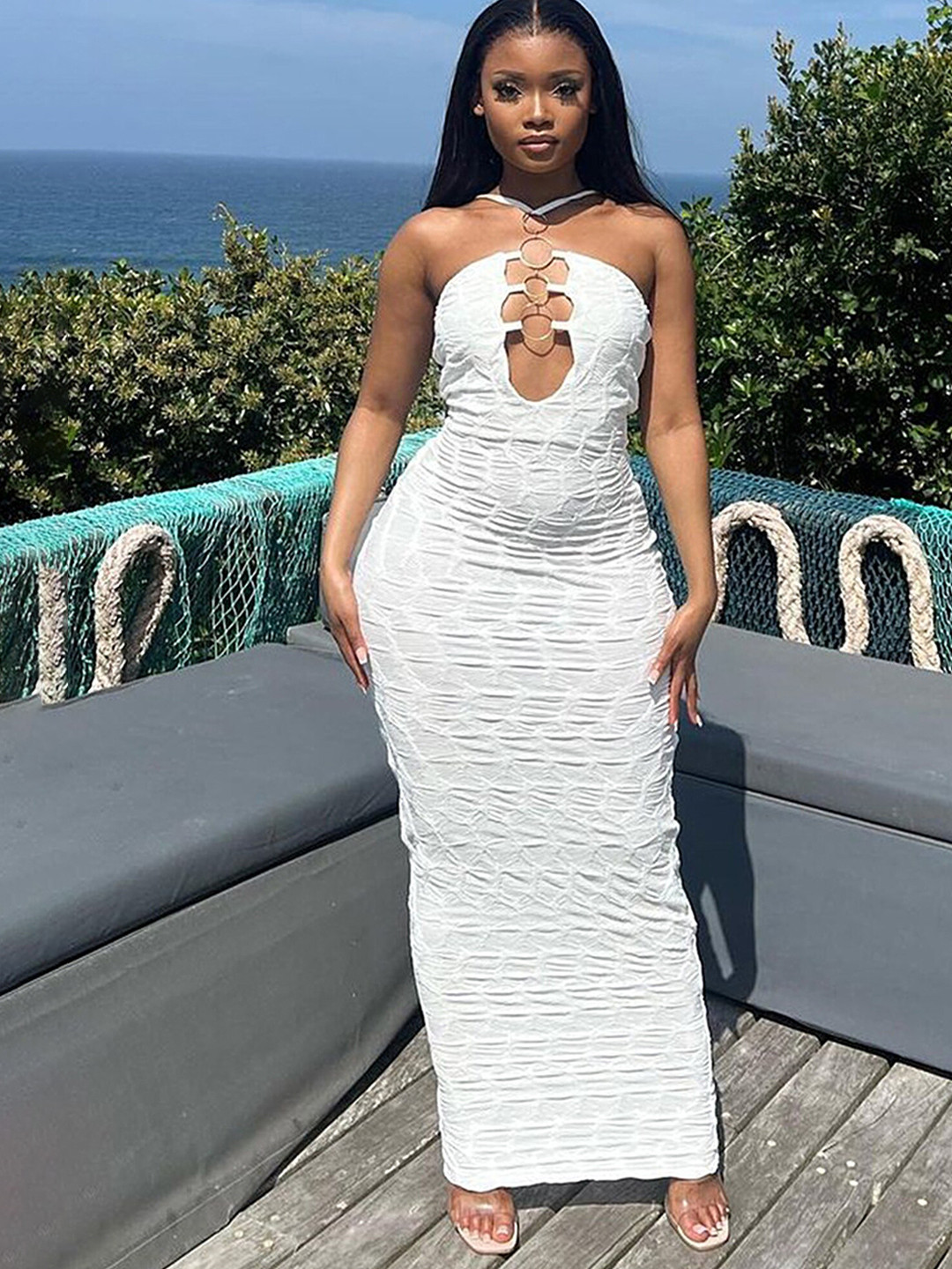 LULU & SKY White Abstract Halter Neck Maxi Dress