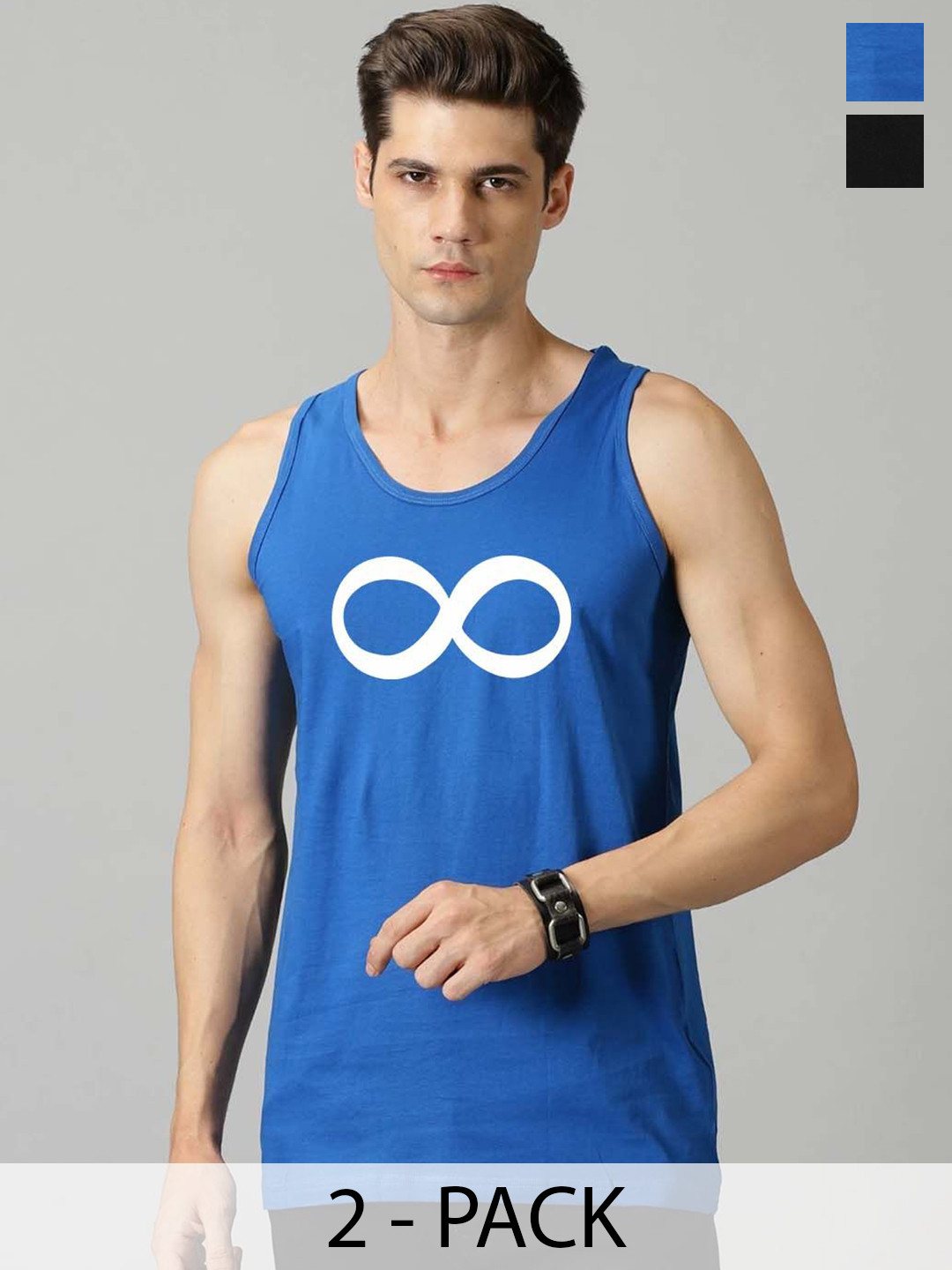 Organic Chics Pack Of 2 Printed Cotton Tank Vests Black Avenger-Royal Infinity _S