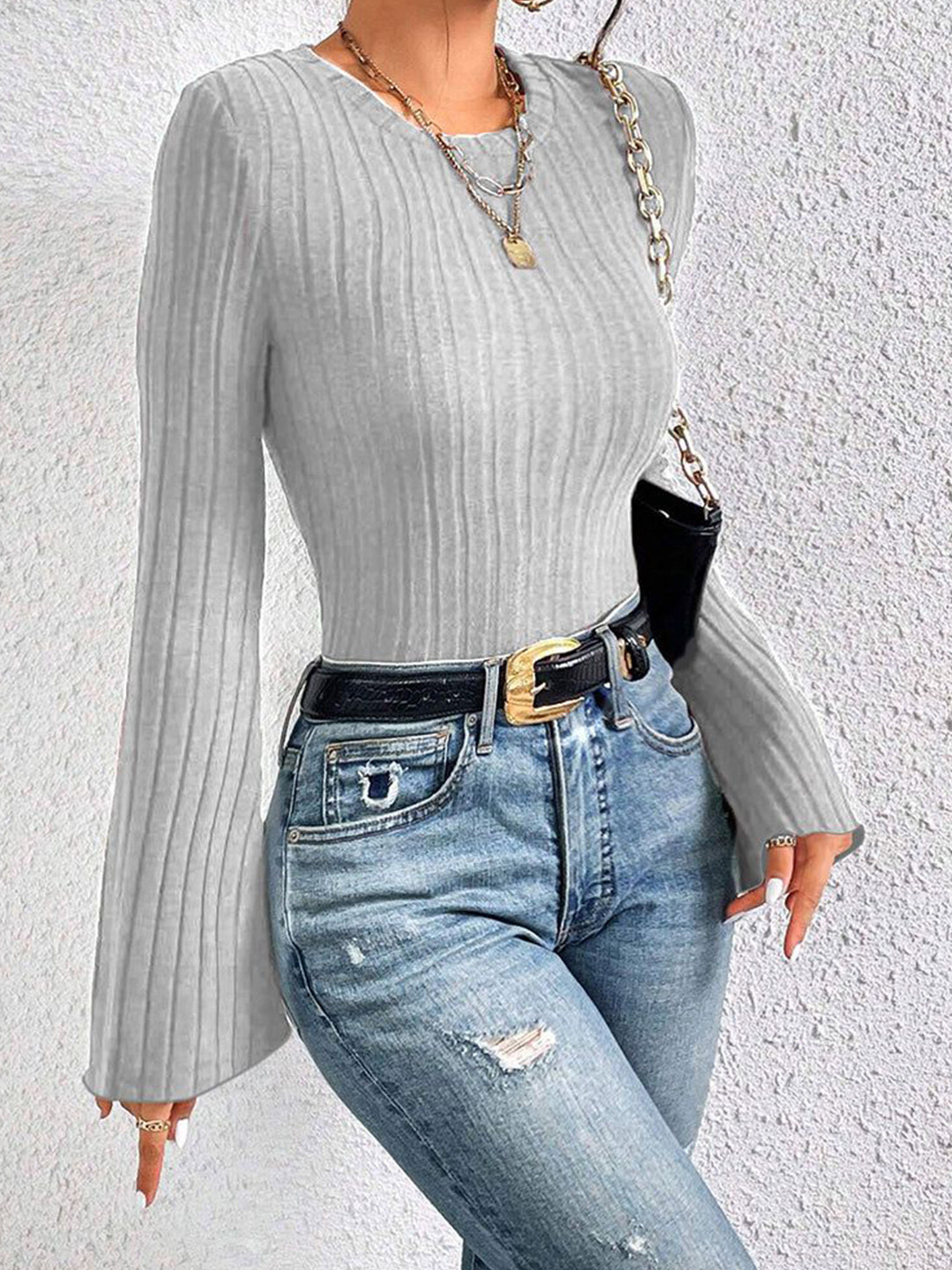 Outzidr Grey Bell Sleeves Fitted Top