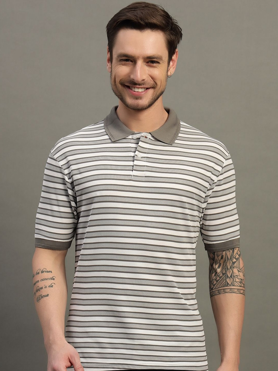 SZN Men Striped Polo Collar Grey T-shirt