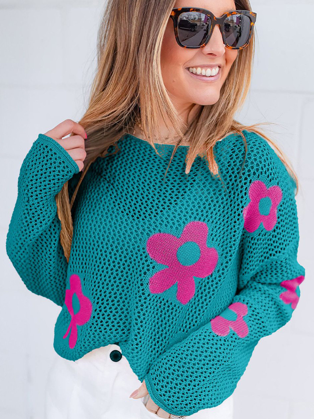 StyleCast Women Long Sleeves Floral Self Design Open Knit Pullover