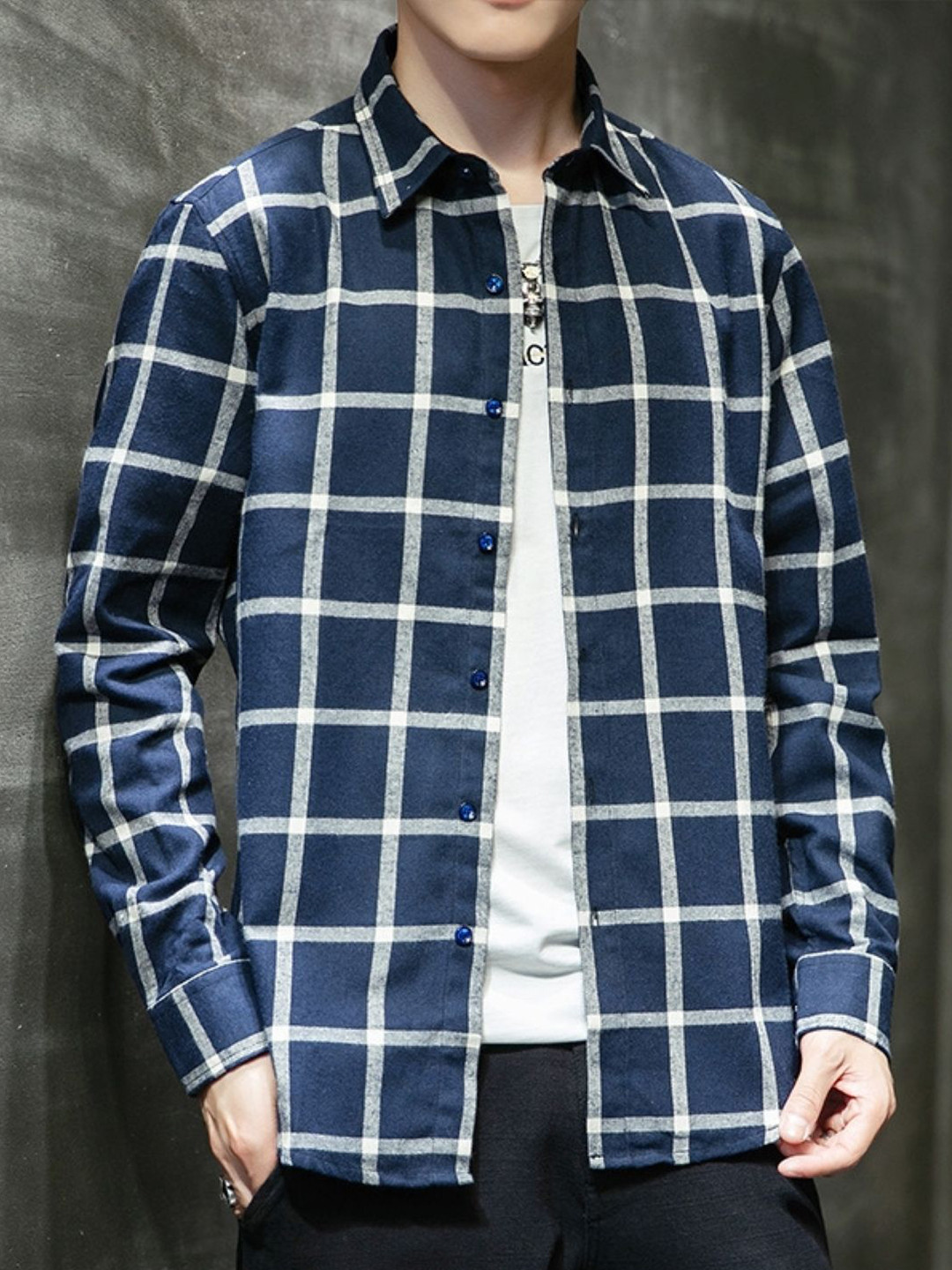 Navy Blue Windowpane Checks Casual Shirt