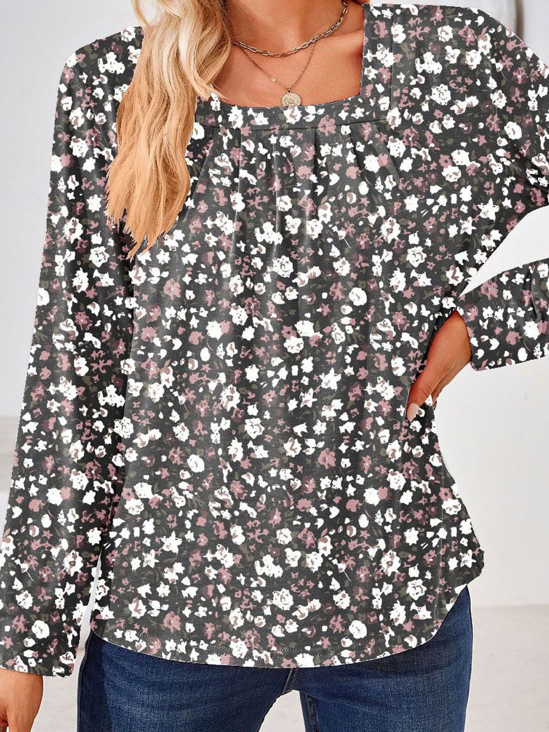 StyleCast Women Floral Printed Square Neck Long Sleeves Top