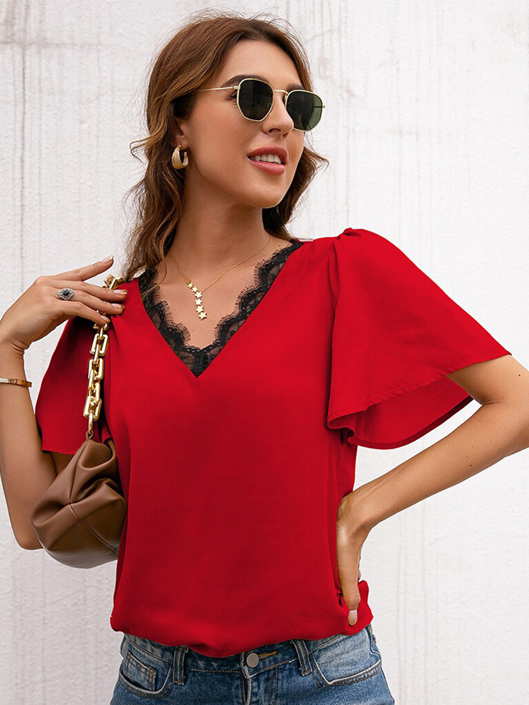 StyleCast Maroon V-Neck Lace Inserts Flared Sleeves Top