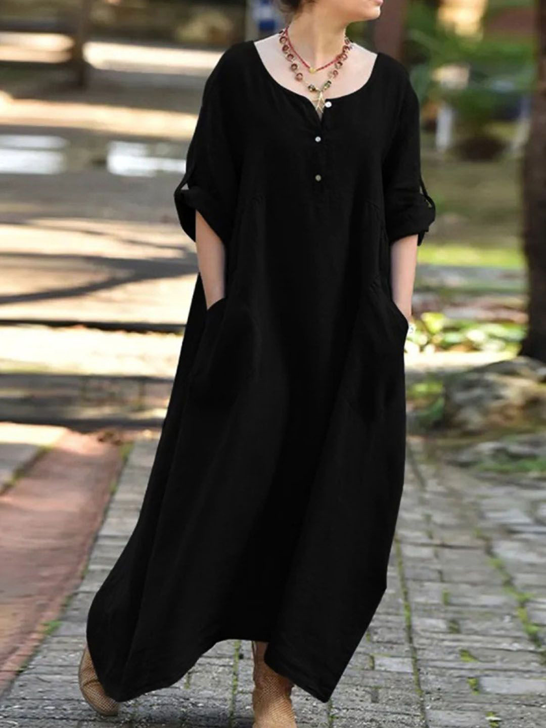 StyleCast Women Round Neck Roll-Up Sleeves Maxi Dress