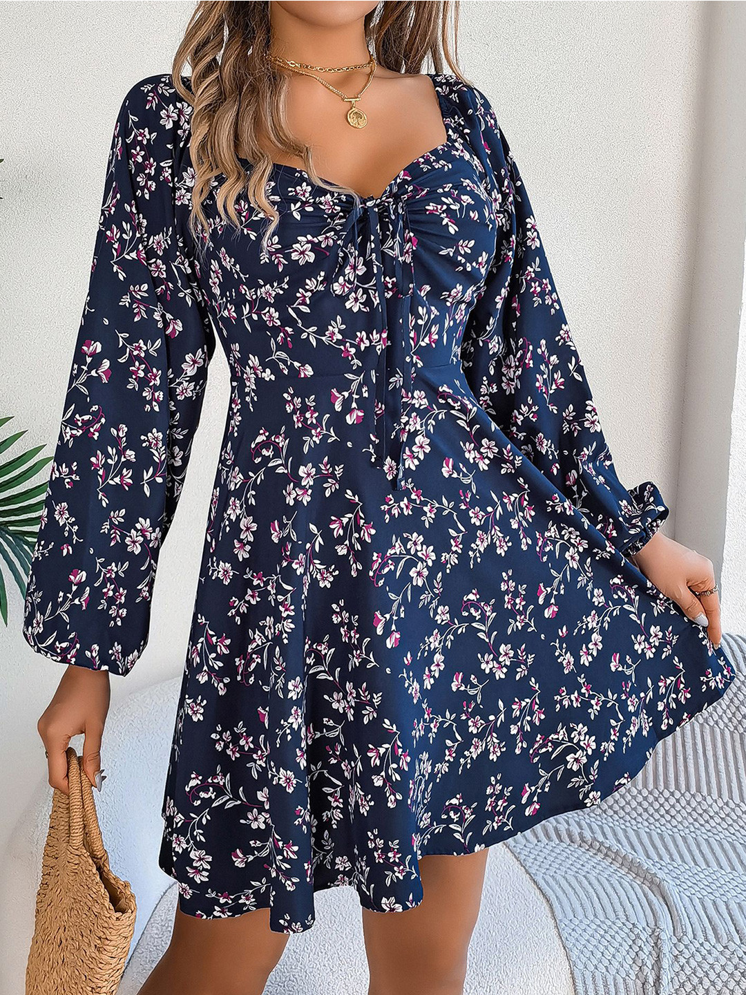 Navy Floral Print Fit & Flare Mini Dress with Long Sleeves