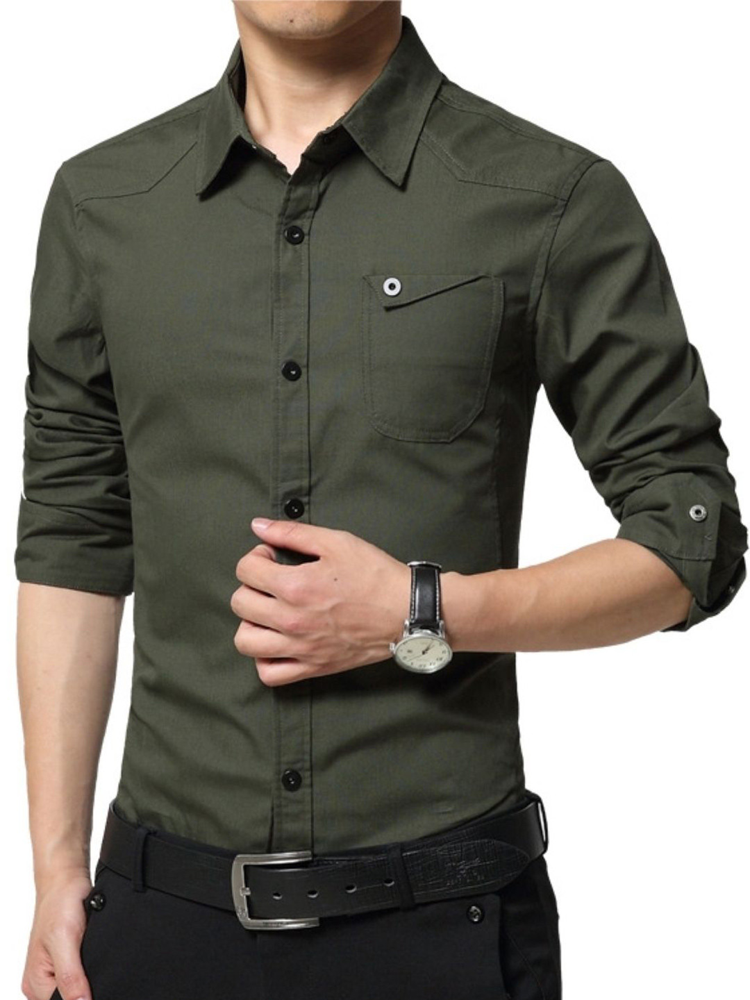 KPOP Spread Collar Roll Up Sleeves India Slim Fit Cotton Casual Shirt