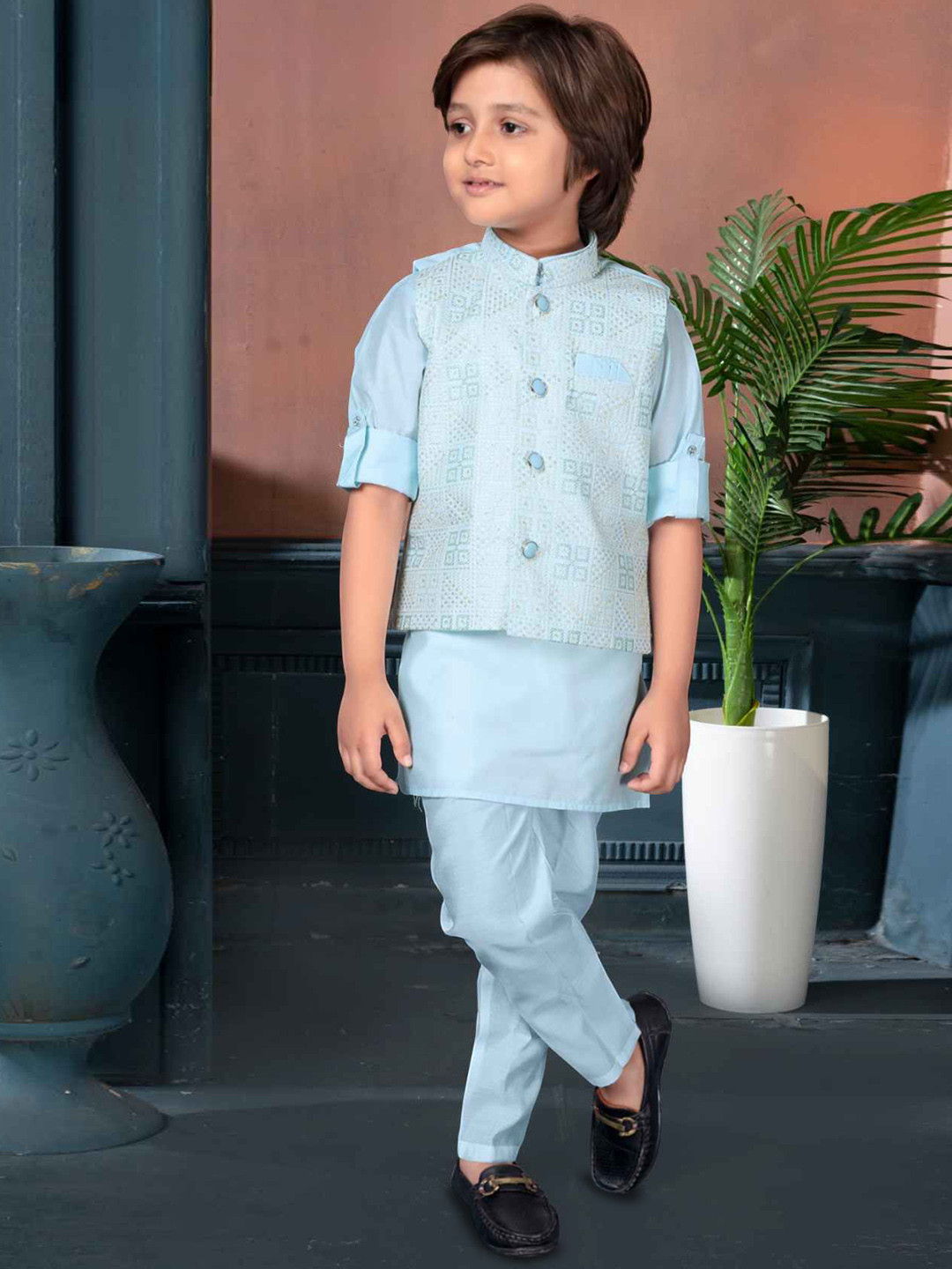 Lagorii Boys Sequins Embroidery Kurta Set With Waistcoat