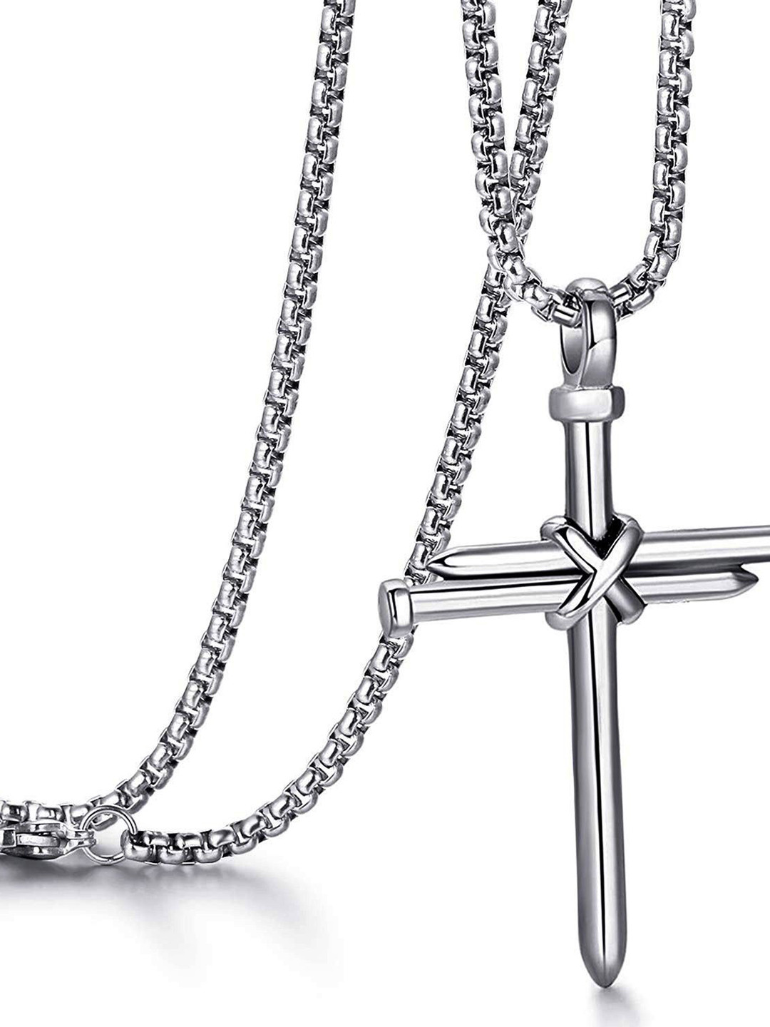 shobhram Rhodium-Plated Contemporary Cross Nail Pendant With Chain
