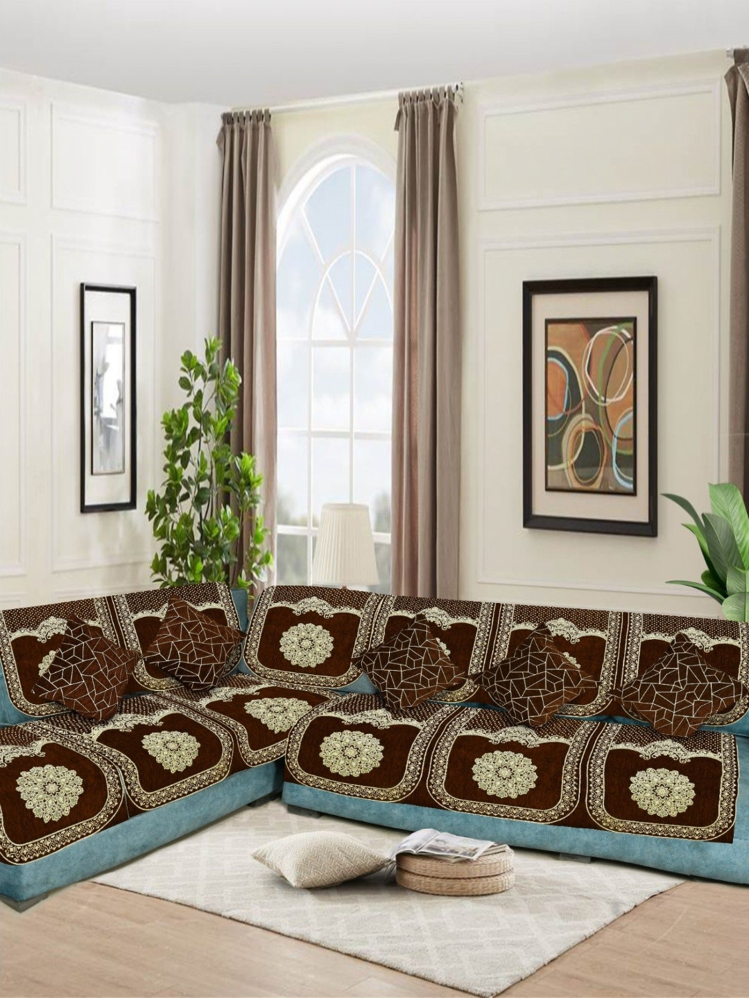 SAWNA HOMES Brown 6 Seater Embroidered Velvet L Shape Sofa Cover With Coushion Covers