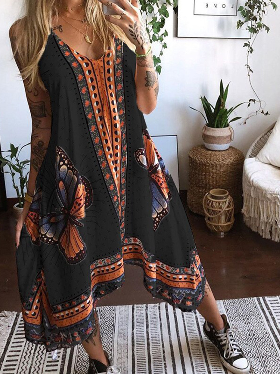 StyleCast Navy Blue & Orange Abstract Printed Midi Dress