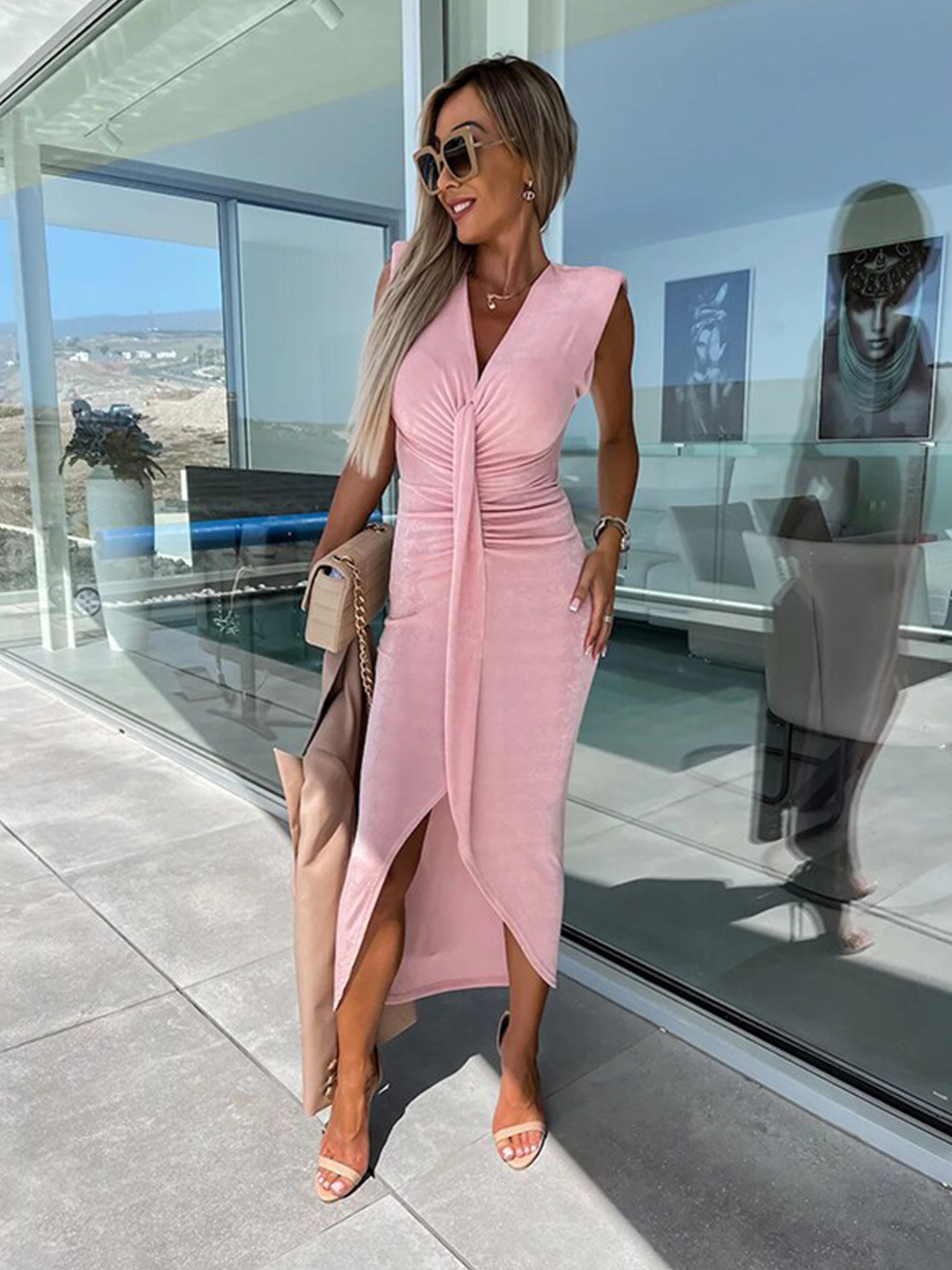 StyleCast Pink V-Neck Ruched Midi Dress