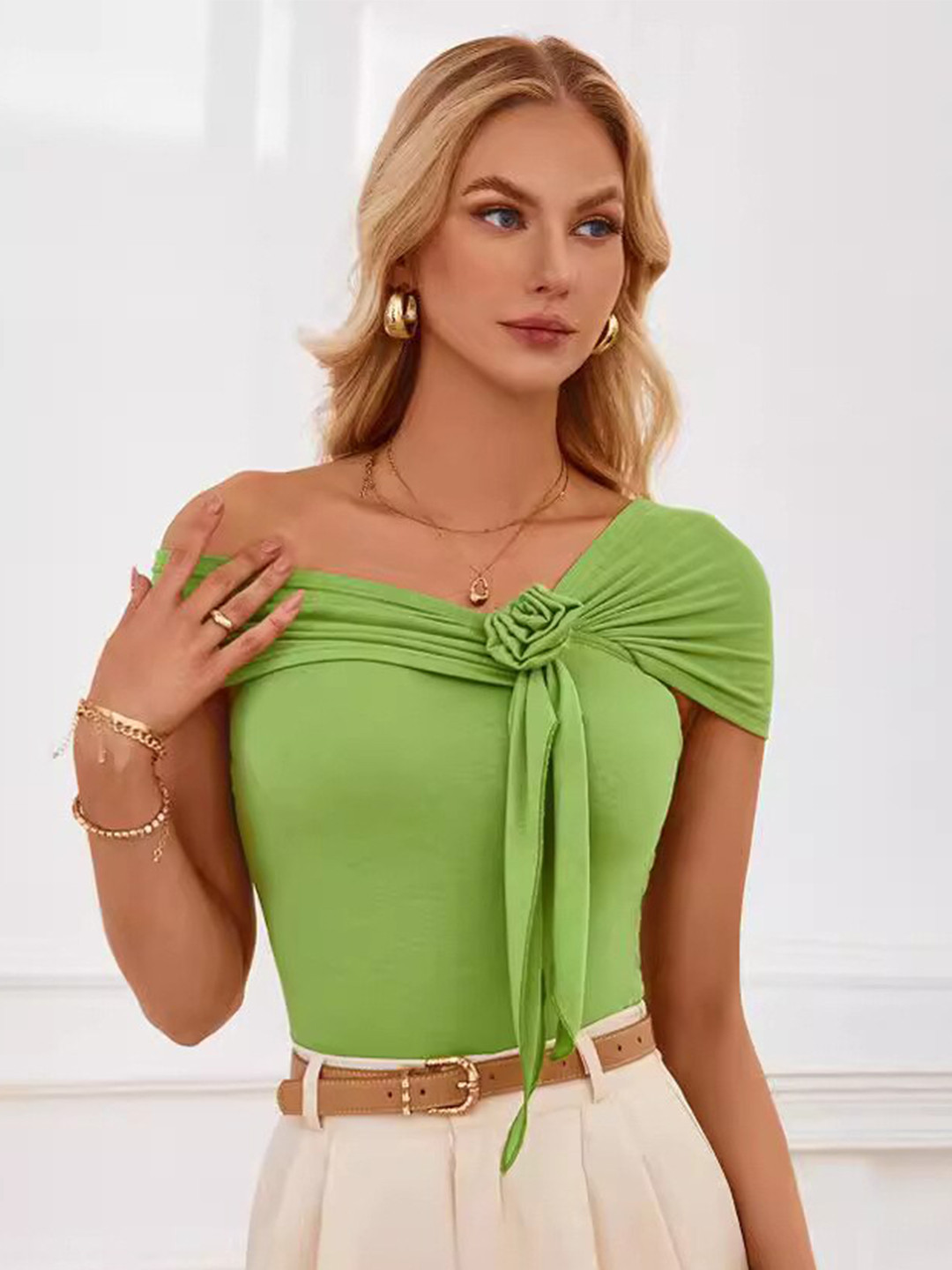 StyleCast Green Off Shoulder Gathered Bardot Casual Top