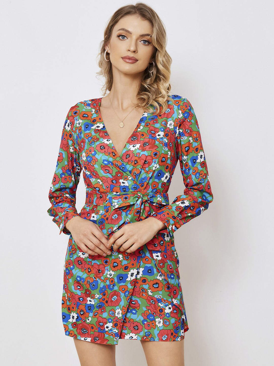 StyleCast Brown & Blue Floral Print Cotton Mini Wrap Dress