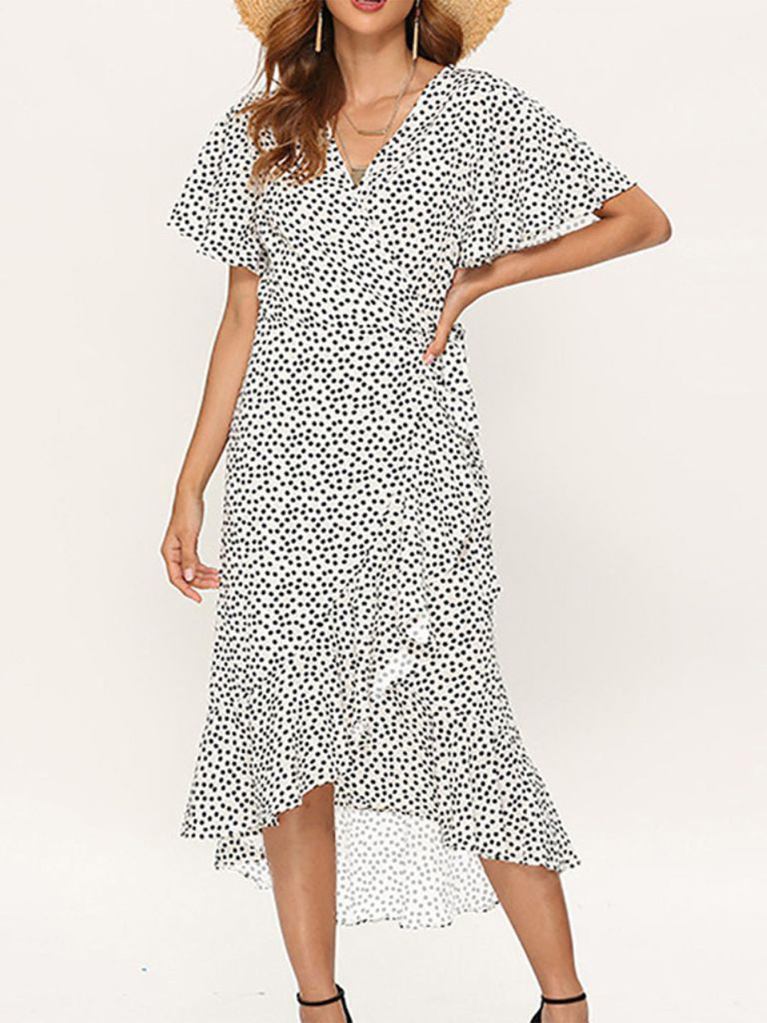 StyleCast Printed Flared Sleeve Chiffon Wrap Midi Dress