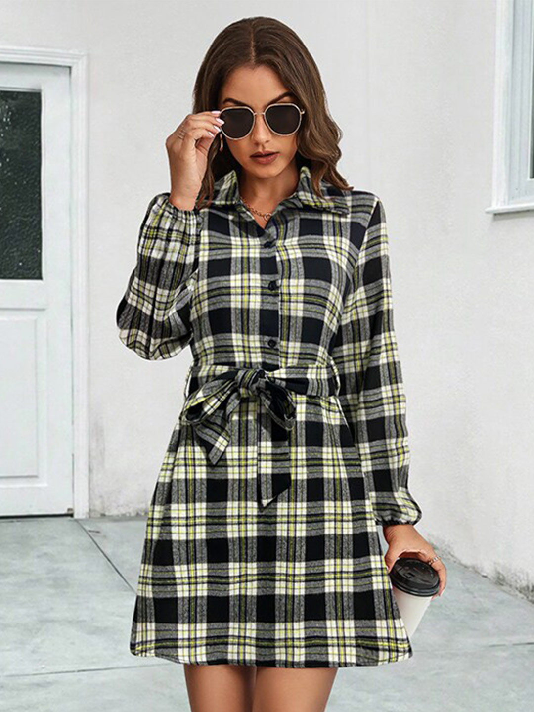 StyleCast Black & Yellow Checked Shirt Dress
