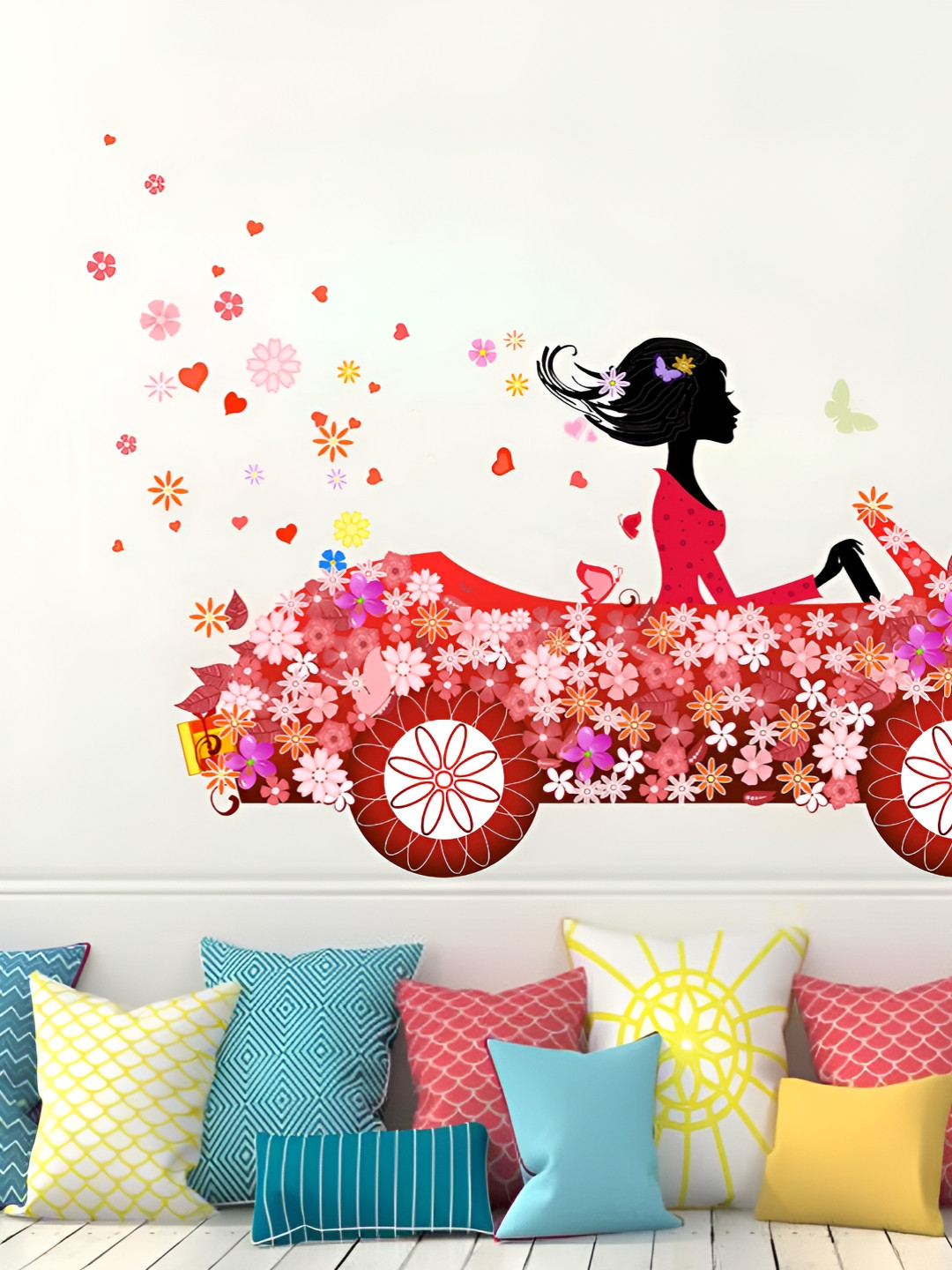 LANSTICK Red & White Girl with Car Drive Self Adhesive Wall Sticker