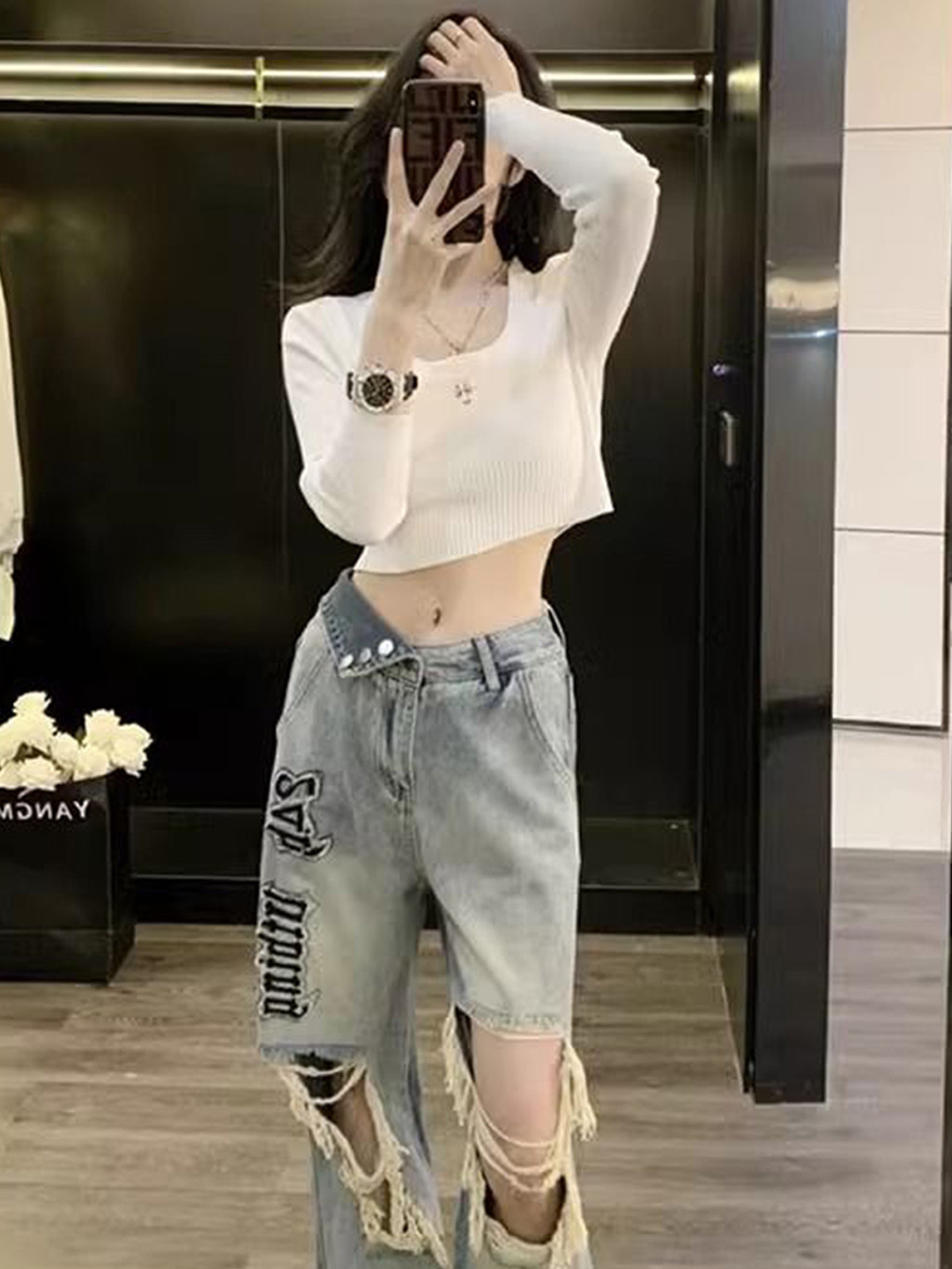 StyleCast Women High-Rise Slash Knee Embroidered Light Fade Denim Jeans