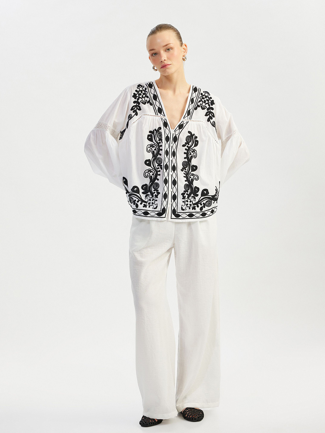 Koton Adults-Women Floral Tie-Up Neck Extended Sleeves Cotton Top