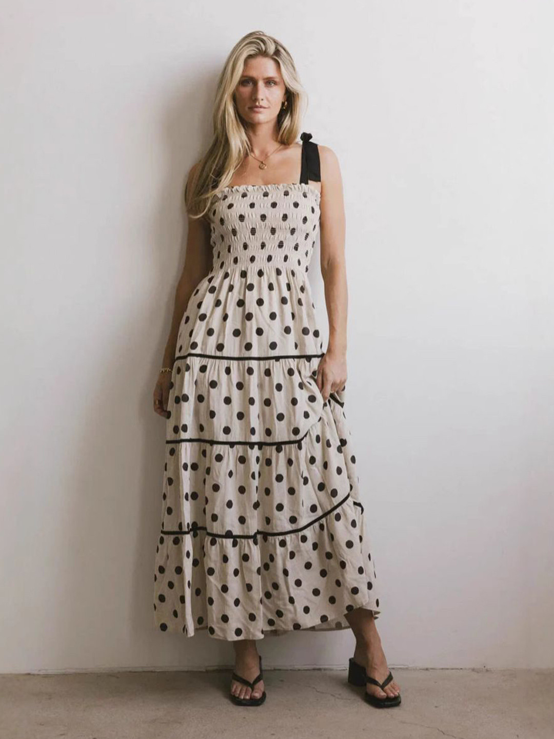 bebe Polka Dot Smocked Bodice Tie Shoulder Tiered Maxi Dress