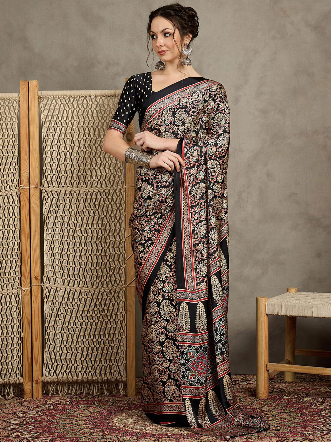 all about you Floral Pure Crepe Block Print Saree