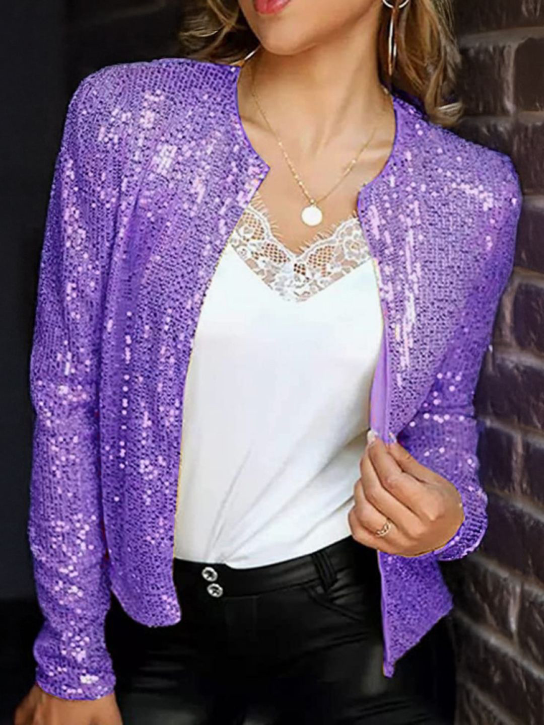 Purple Solid Open Front Jacket with Long Sleeves